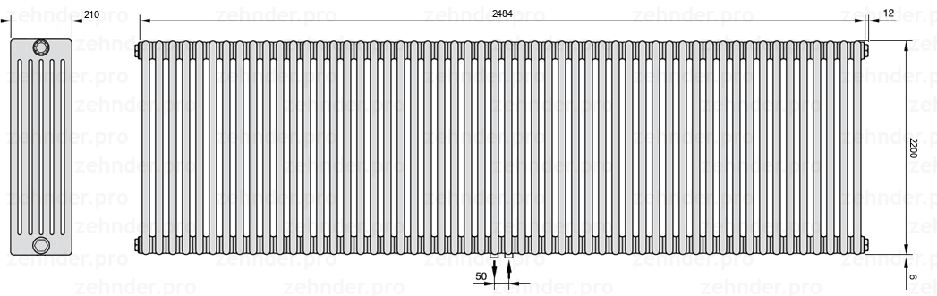 Схема (чертеж) Радиатор Zehnder Charleston 6220/54 №5410 Белый глянцевый RAL 9016